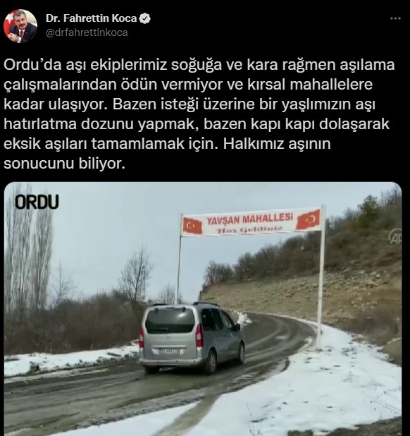 Covid-19 aşılama çalışmaları ülke genelinde sürerken Sağlık Bakanı Fahrettin Koca, Ordu’dan verdiği örnek ile sağlık ekiplerinin kar kış demeden 7/24 sahada görev yaptıklarını belirtti.